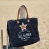 Sac de plage noir "Sel de Mer" en toile avec détails cuir et franges format XL