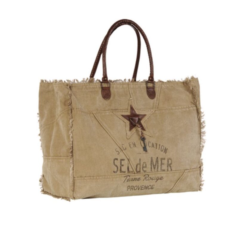 Grand sac cabas XL Sel de Mer en toile recyclée tabac et cuir, style vintage marque Terre Rouge