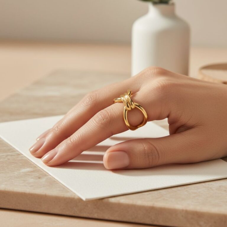 bague en plaqué or 18 carats au design moderne, composée de deux cercles entrelacés