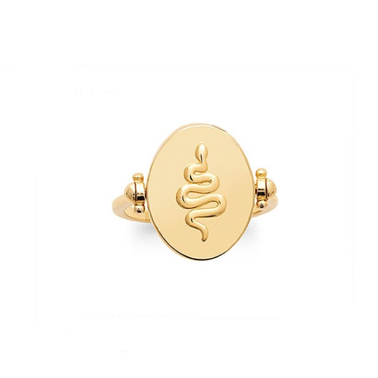 bague pour femme plaqué or 18 carats médaille email noir motif serpent reversible