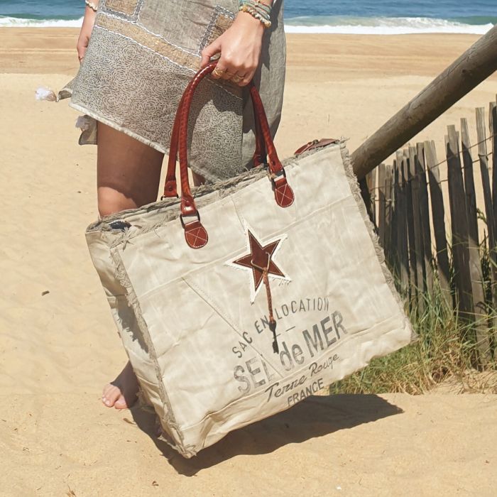 Cabas plage toile et cuir beige