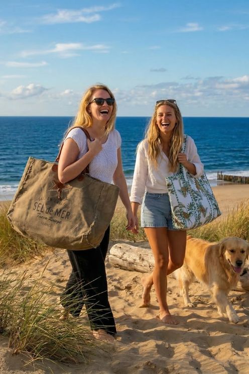 femmes marchant sur la plage avec sacs de plage moment de bonheur au bord de l’océan