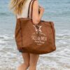 Grand sac de plage XXL Sel de Mer coloris Pécan en toile recyclée et cuir, style bohème chic Zosha Collection