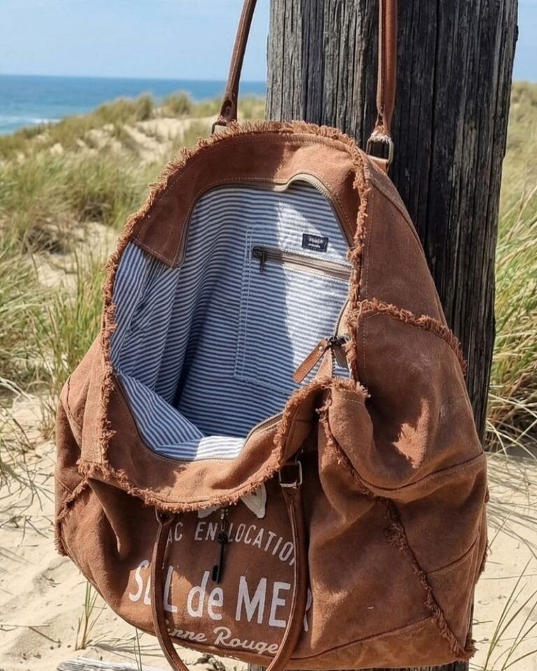 interieur doublé rayé marine du sac de plage xl marron pécan