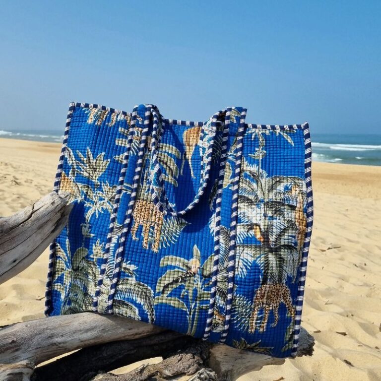 cabas coton blue palm