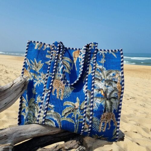 cabas coton matelassé blue palm imprimé safari jungle tropical mode été