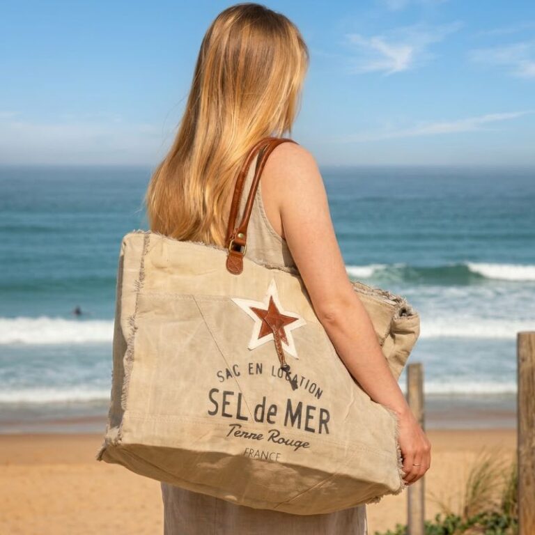 Cabas Plage Toile et Cuir Beige