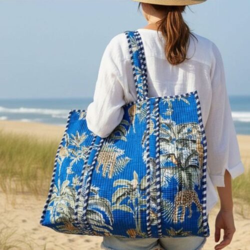 cabas coton blue palm