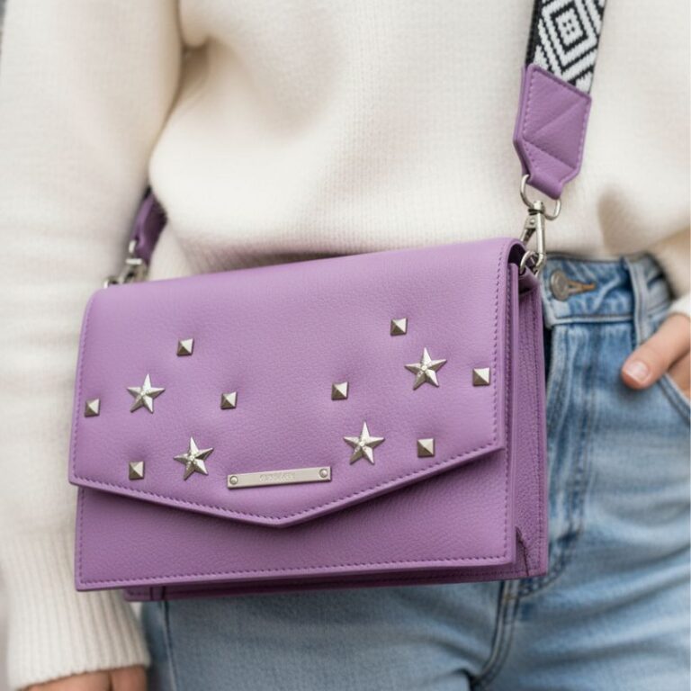 sac en cuir fait main marque eco responsable Bonendis couleur lilas avec étoile fantaisie sur rabat