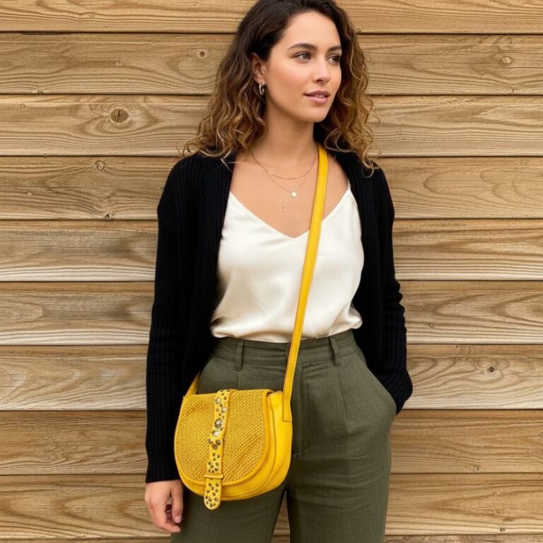 sac besace cuir effet vintage tressé couleur jaune