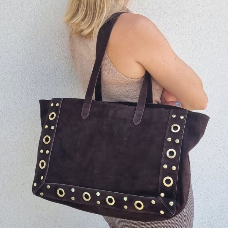 sac cabas daim café oeillets dorés