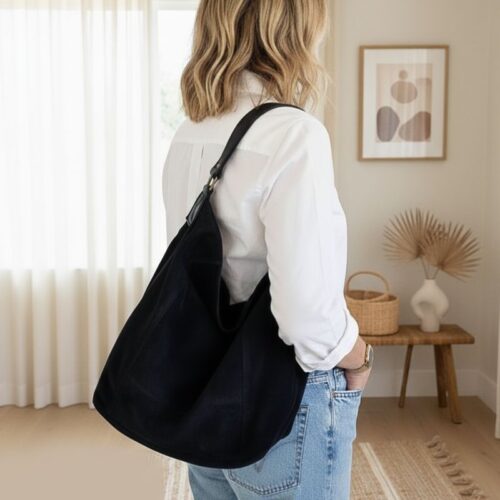 sac en daim forme hobo anse cuir couleur noir