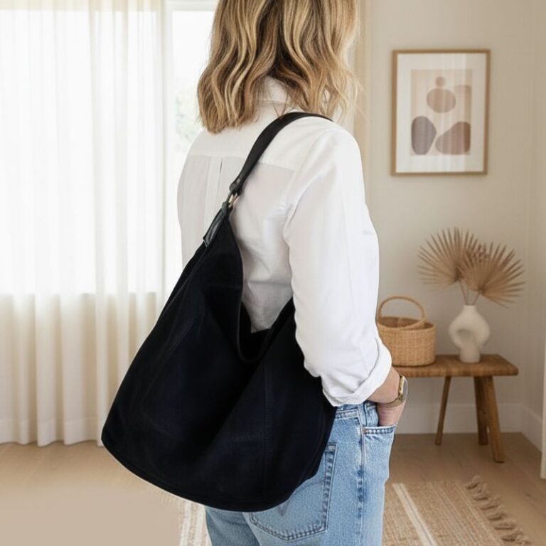 sac en daim forme hobo anse cuir couleur noir