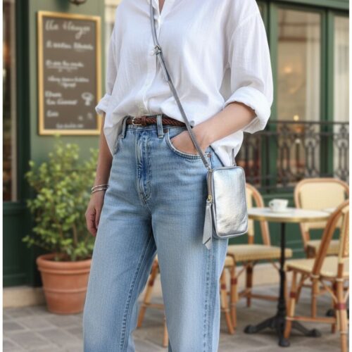 pochette de téléphone cuir irisé gris argenté