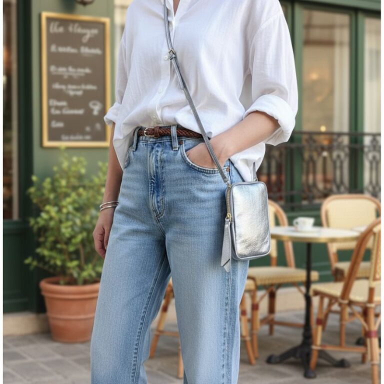 pochette de téléphone cuir irisé gris argenté