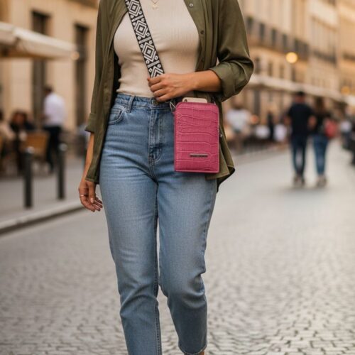 pochette de téléphone cuir couleur rose vif fabriqué main artisanal marque Bonendis Athènes