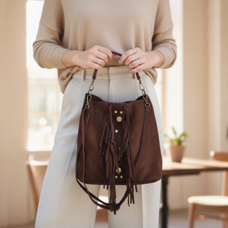 sac à franges couleur chocolat avec rivets fantaisie devant