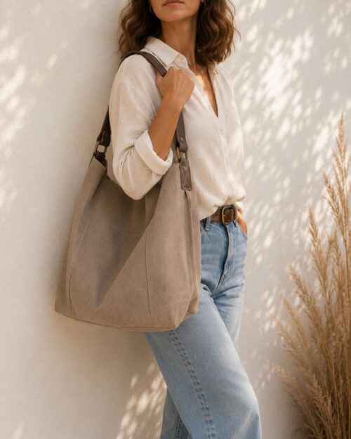 sac en daim forme hobo couleur taupe