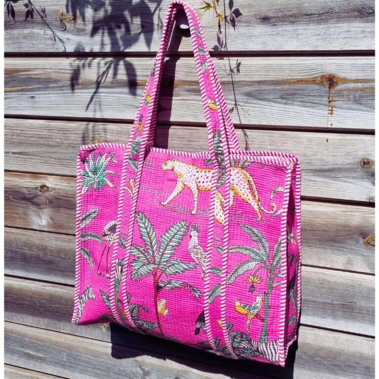 cabas de plage coton imprimé jungle rose fuchsia tendance été plage ou shopping