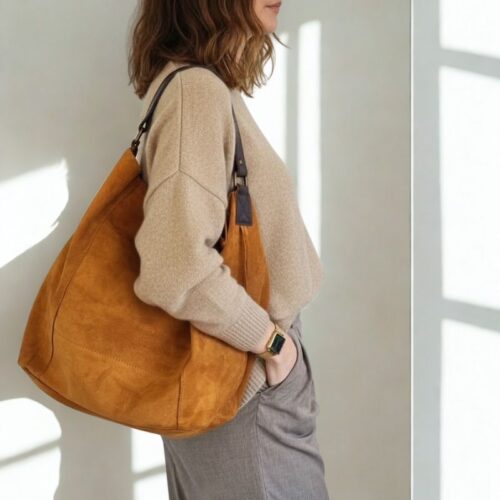 sac hobo daim et anse cuir couleur camel