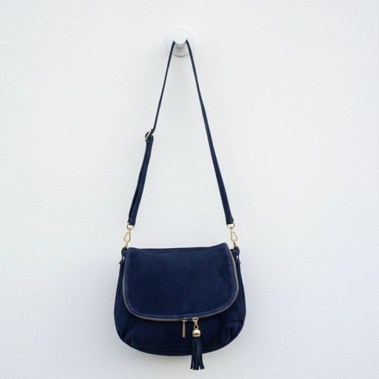 sac besace croute de cuir daim bleu marine femme