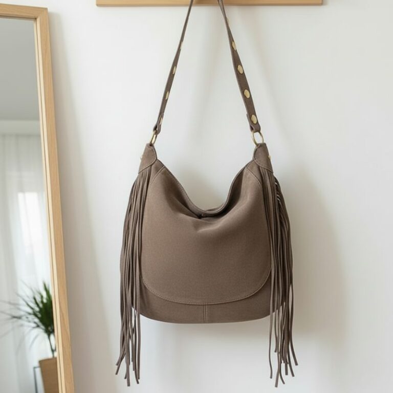 Sac en daim taupe à franges porté en bandoulière, style bohème chic