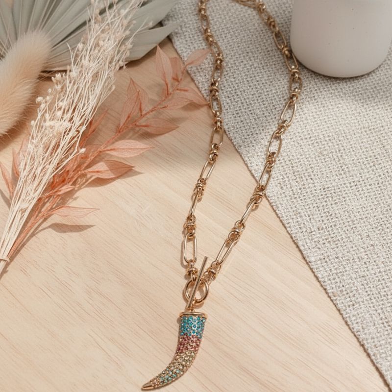 collier chaine pendentif corne strass multicolore mile mila