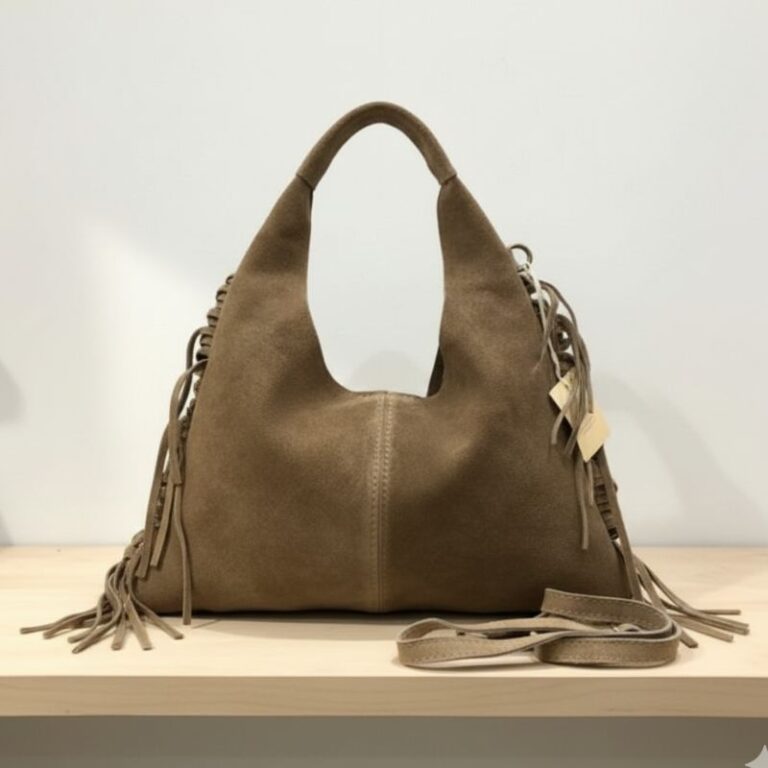 mini sac demi lune daim taupe avec franges sur les côtés