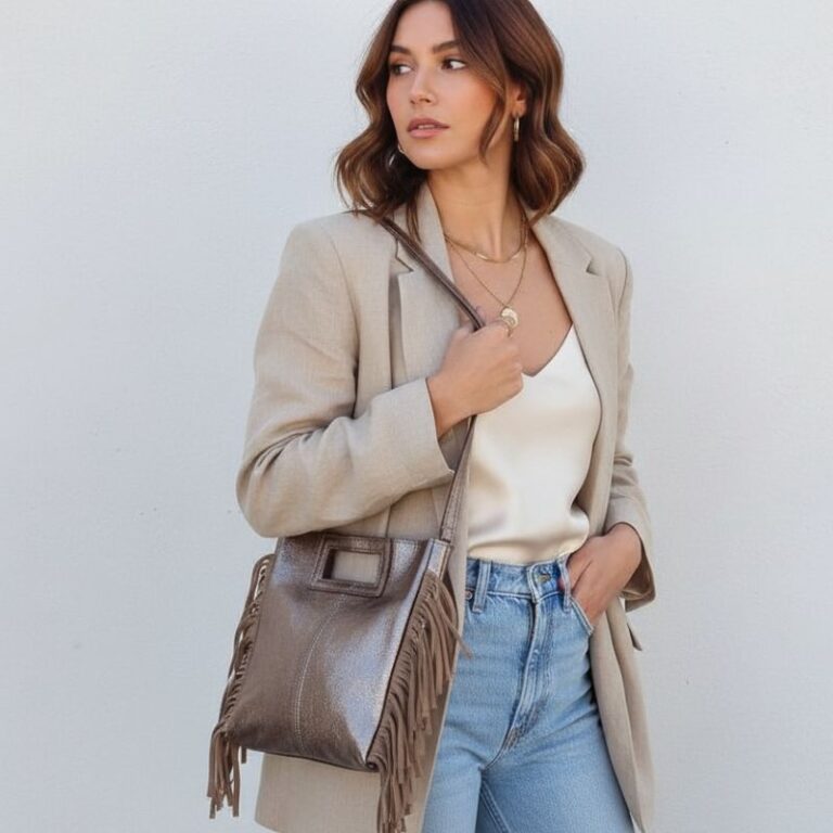 sac en cuir irisé couleur bronze avec franges latérales