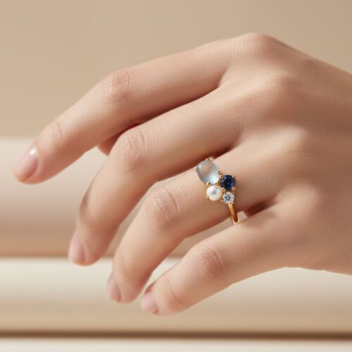 bague pour femme plaqué or 18 carats pierre aigue marine quartz et oxyde de zirconium