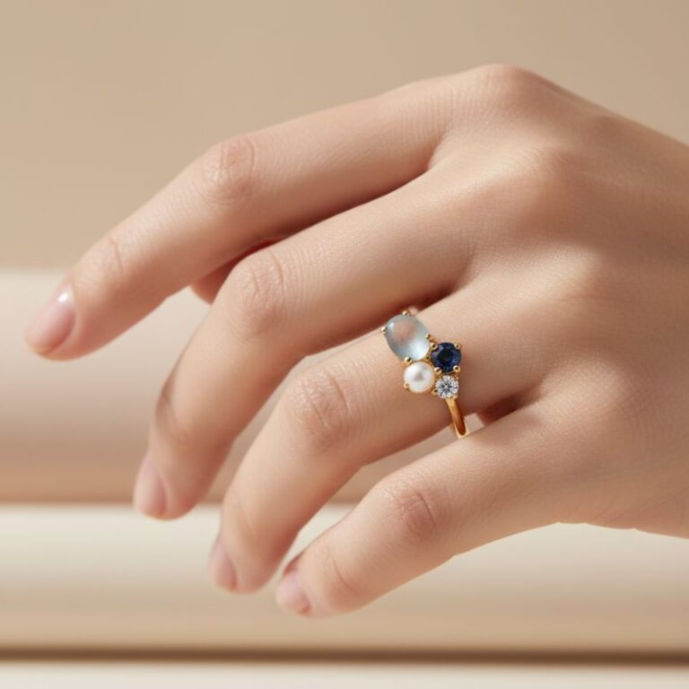 bague pour femme plaqué or 18 carats pierre aigue marine quartz et oxyde de zirconium