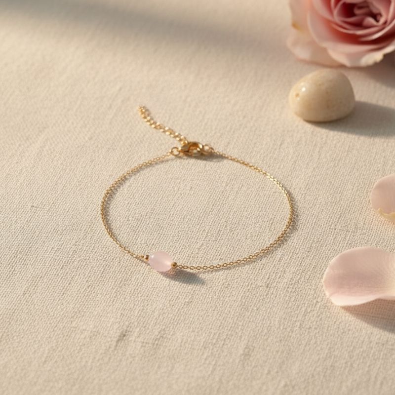 bracelet plaqué or 18 carats avec pierre ovale quartz rose véritable bijou féminin et raffiné