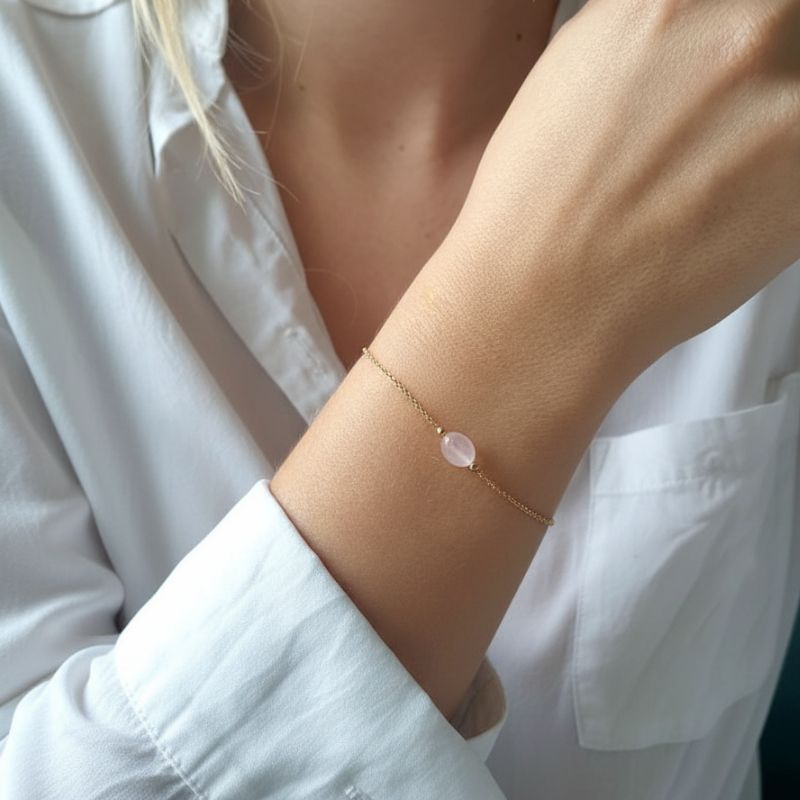 bracelet plaqué or 18 carats avec pierre ovale quartz rose véritable bijou féminin et raffiné