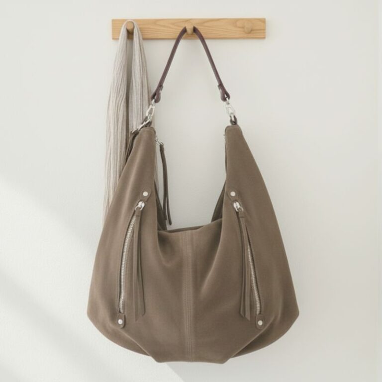 sac en daim forme hobo porté épaule couleur taupe clair
