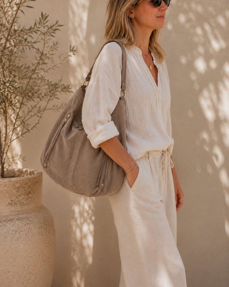 sac hobo en daim couleur taupe clair mode effortless chic