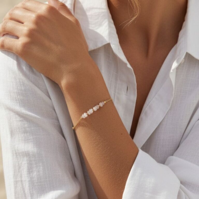 bracelet plaqué or 18 carats et pierres quartz rose véritable