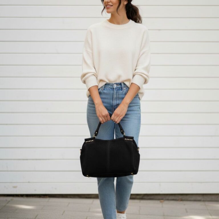 sac à main en daim couleur noir style décontracté chic fabrication italienne