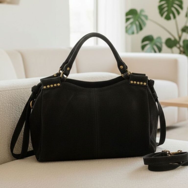 sac à main en daim couleur noir style décontracté chic fabrication italienne