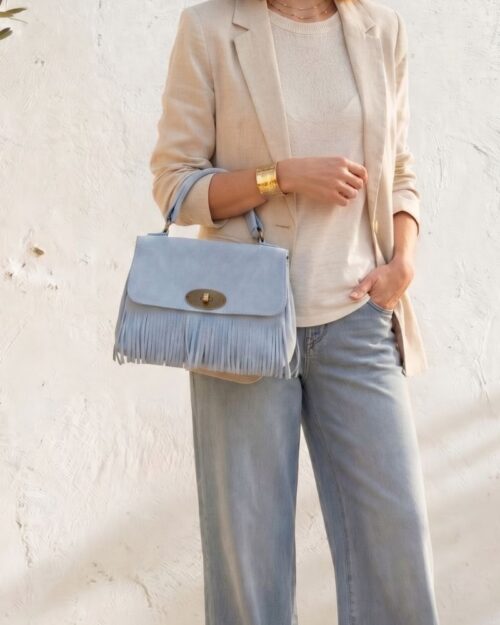 sac en daim gaya avec franges devant couleur bleu ciel