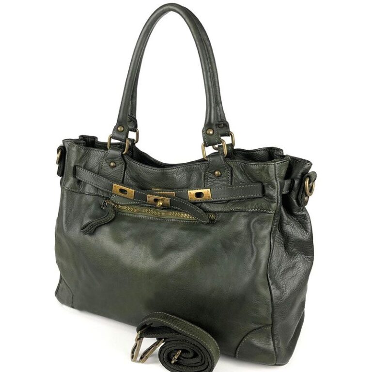 Sac en cuir kaki avec anses et bandoulière, accessoire mode chic