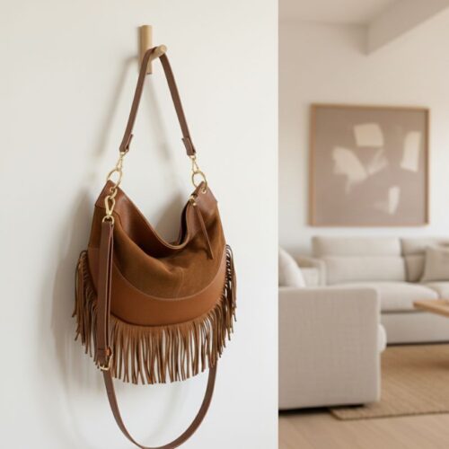 Sac cognac bi matière en cuir et daim avec franges fabrication italienne