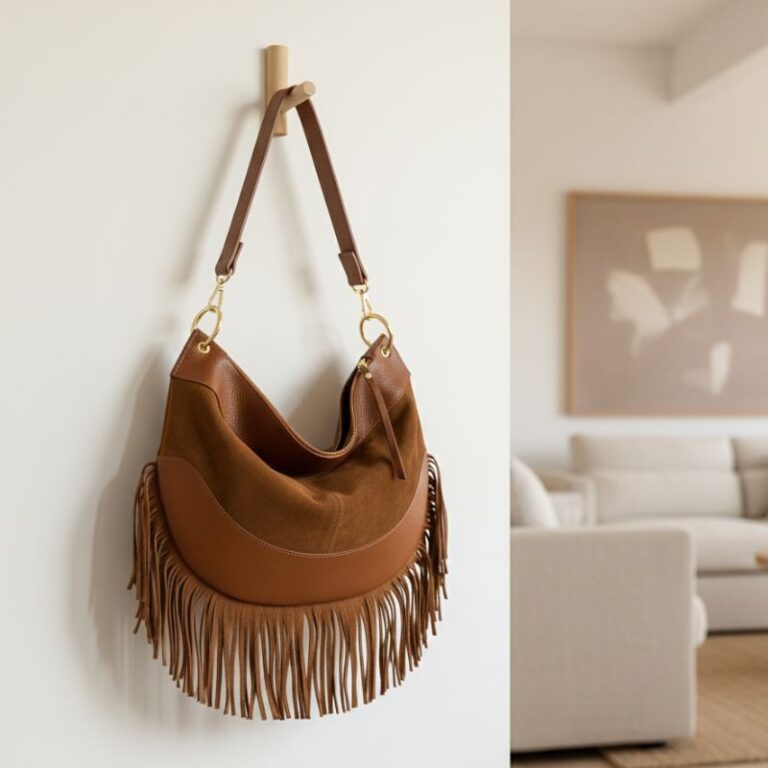 Sac cognac bi matière en cuir et daim avec franges fabrication italienne