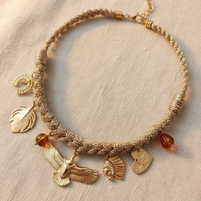 collier lien tressé style cow girl western chic avec breloque aigle ,feuille, et tête d'indien bijou mile mila acier doré