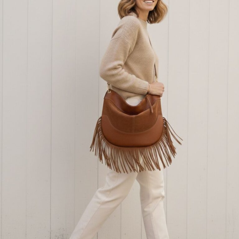 Sac cognac bi matière en cuir et daim avec franges fabrication italienne