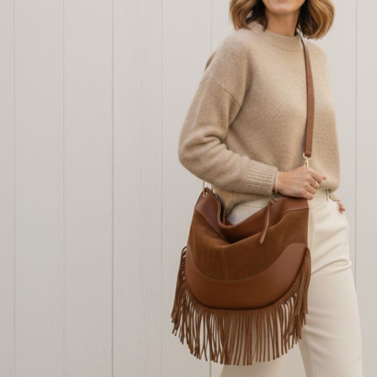 Sac cognac bi matière en cuir et daim avec franges fabrication italienne