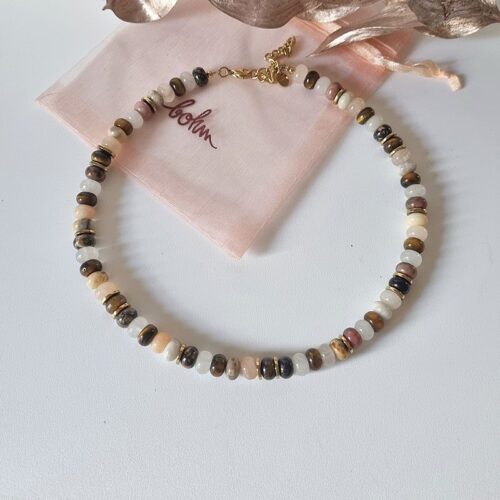 Collier Lina en pierres naturelles œil de tigre et rhodonite Création Bohm Paris