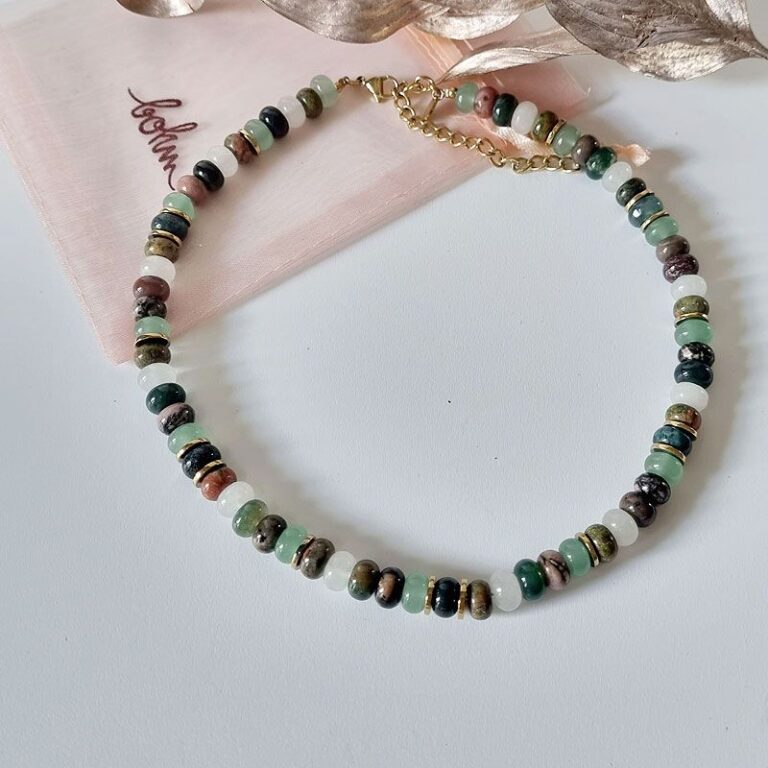 Collier Lina en pierres naturelles turquoise africaine et rhodonite marque Bohm Paris