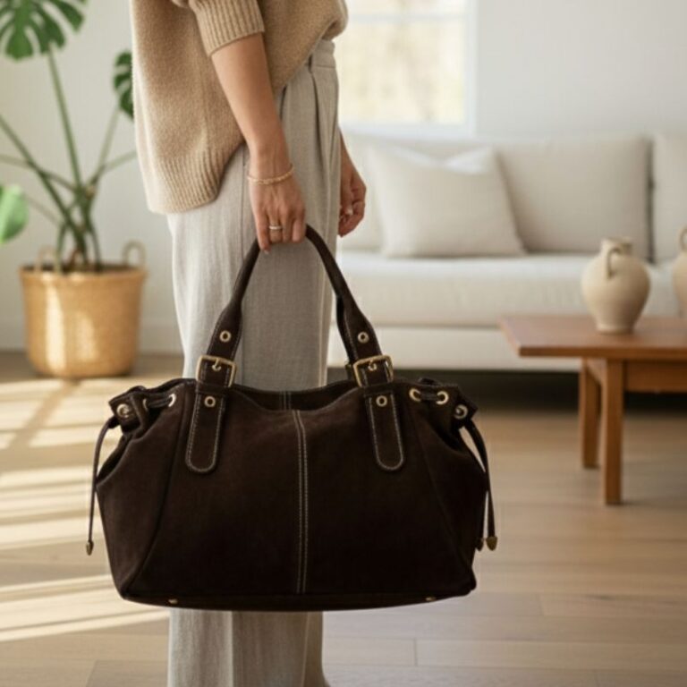 Grand sac en daim pour femme, porté main avec finitions couture contrastée
