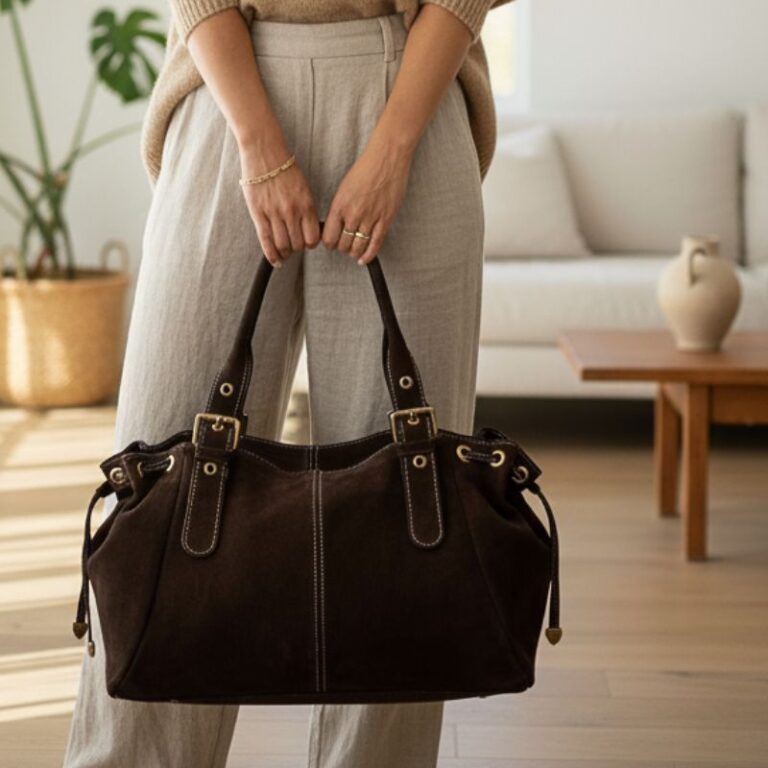 Sac en daim marron foncé porté à la main, format XL chic et pratique
