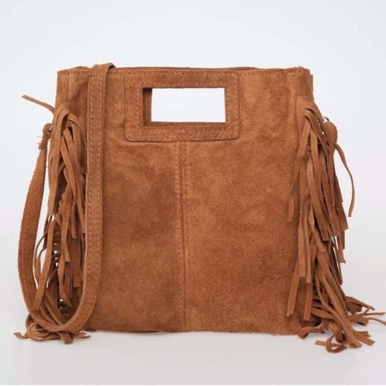 sac daim franges latérales anses plates couleur camel tendance bohème chic